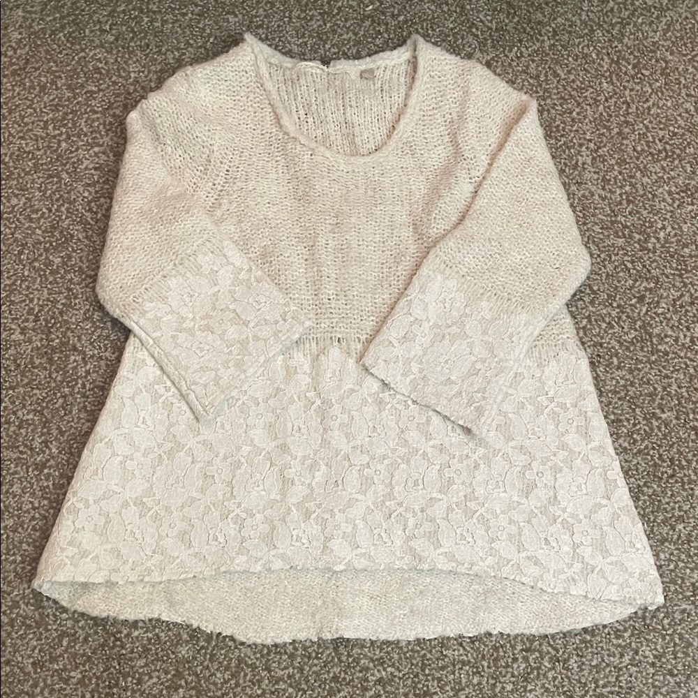 Anthropologie Knitted & Knotted Wool Blend Knit Sweater With Lace Hem